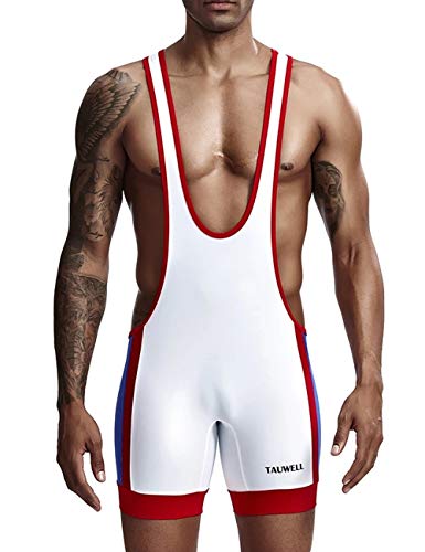 Foto von Gymskop Herren Wrestling Singuletts Athletic Supporters Slim Fit Sport Bodysuit Einteilige ärmellose Active Wrestling Trikot Gewichtheben Jumpsuits Weiß M