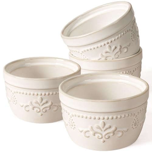 Artena Ramekins Oven Safe, Creme Brulee Ramekins, Embossed White Ceramic Ramiken, Souffle Pudding Custard Cups, Baking Dish, Dipping Bowls, Sauce Cups