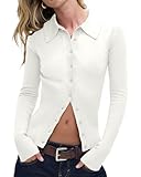Cioatin Women Button Down Open Front Lapel Collar Cardigan Ribbed Knit Polo Sweater Pullover Y2K Preppy Slim Fit Fall Outfits White