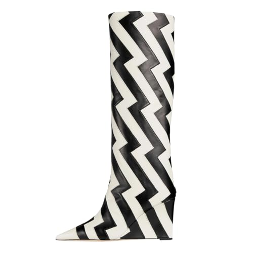 FSJ Women Wedge Heel Pointed Toe Thigh High Boots Comfortable Thick High Heel Trendy Ladies Dressy Knee High Boots Size 4-15 US