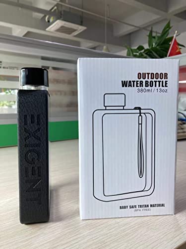 Exigent Flat Water Bottle Travel + Portable Bpa Free 13Oz Leak Proof Reusable Cute (Black) #TOP3
