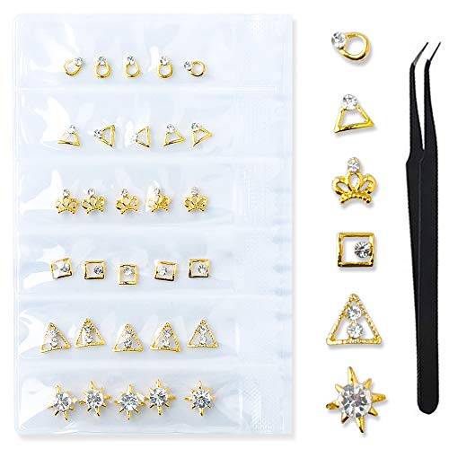WOKOTO 30 Pcs 3D Gold Alloy Nail Art Decoration Set Mix-Shape Nail Studs Nail Rivets Kit Fake Diamond Manicure Jewelry With 1Pc Tweezers
