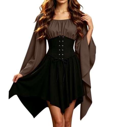 White Pirate Dress,Pirate Costume Women Shoulder Ruffle Romper Dress Puff Sleeve Smocked Overall Elastic Waist A-Line Victorian Medieval Mini Dresses For Halloween Party Cosplay