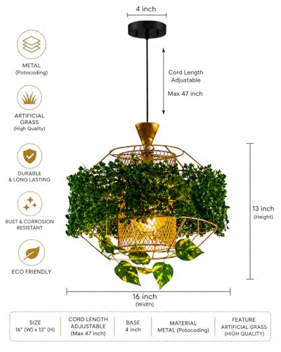 Image of with Bulb Golden MetalCage with Artificial Planter Shaped Pendant Lamp | Hanging Lamp for Living Room| Ceiling Lamp for Bedroom, Kitchen, Balcony, Restaurant /Cafe, for Home Decor