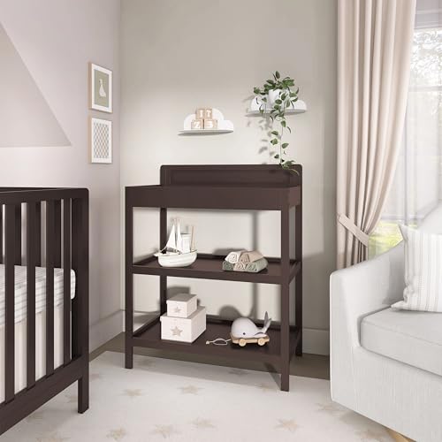 Image of Dream On Me Avery Baby Changing Table with Storage, New Zealand Pinewood, BSA Safety Certified, 2 Open Shelves, Water-Based Finish, Compact Space-Saving Nursery Design, Chocolate Chip
