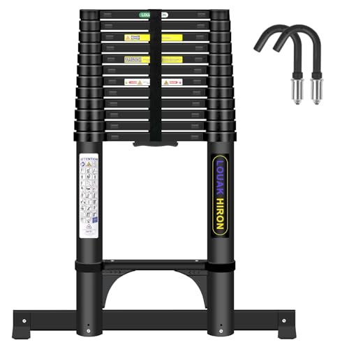 5,05M Alu Teleskopleiter mit Haken Ausziehbare Leiter, Klappleiter mit Stabilisator Stehleiter Rutschfester, aus hochwertigem Aluminium, Ausziehleiter Mehrzweckleiter, Haushaltsleiter