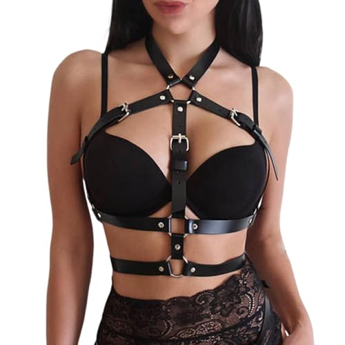 VKFOFEG Leder Harness für Frauen, Punk Harness Damen Leder, Einstellbar Gothic Kleidung Sexy Outfit für Damen Party Bondage Geschirre Sexy Dessous für Sex