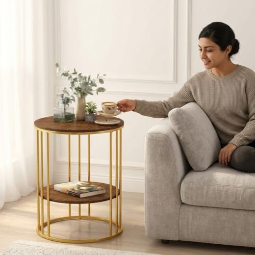 Image of Al Hama Round Coffee Table Sofa Side Accent End Table with Engineered Wood top and Black Metal Frame for Living Room (Gold Brown)