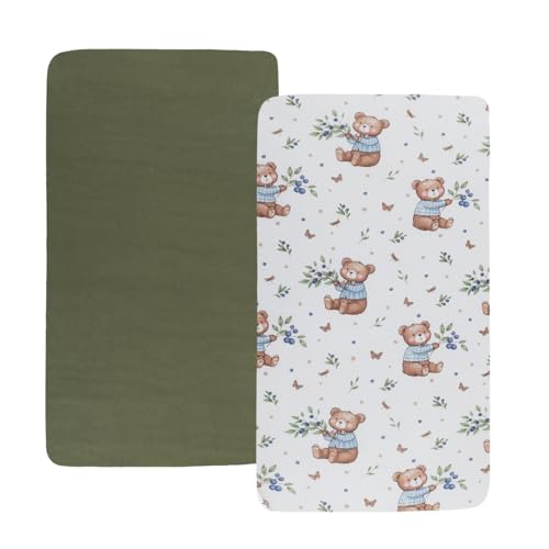 Image of Stretchy Fitted Crib Sheets Set 2 Pack Portable Crib Mattress Topper for Baby Girl Boy,Ultra Soft Jersey Material, Light Green & Bear Leaf