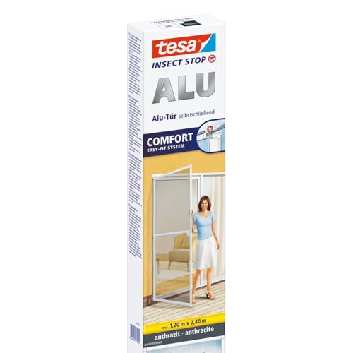 tesa INSECT STOP Aluminium Rahmen Fliegengitter für Türen XL - Insektengitter mit Aluminium-Rahmen & Clear View - Tür Insektenschutz - 120 cm x 240 cm, Anthrazit