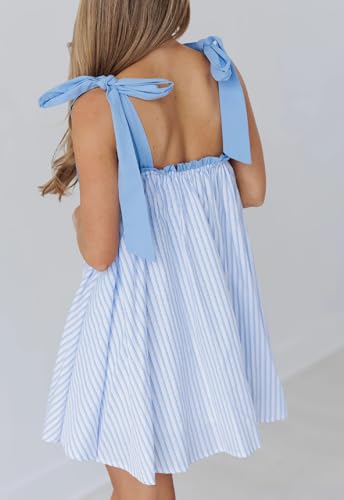 Image of Women Floral Tie Shoulder Mini Dress Cute Square Neck Loose Fit Beach Short Dress Backless Boho Vocation Sundress