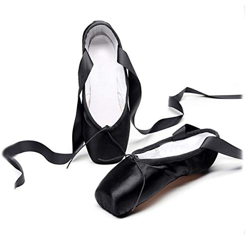 Xsclpomddy Ballett Spitzenschuhe Professionelle Ballettschläppchen Tanzschuhe mit Aufgenähten Bändern für Damen Mädchen,Black,38 EU