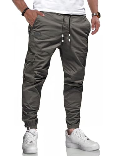 KUNJLELP Pantalon Cargo Homme en Coton Pantalons de Jogging pour Hommes Mode Training Pantalons avec Cordon de Serrage Poches,Gris 02,L