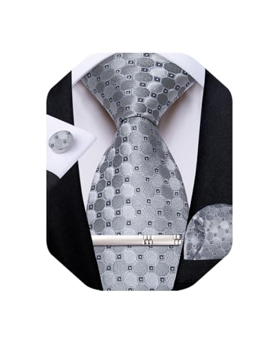 Image of DiBanGu Mens Silk Plaid Tie and Pocket Square Set | Elegant Silk Formal Tie Set, Woven Check Necktie and Cufflinks Tie Clip Set, Perfect for Wedding Party, Comes in Gift Box