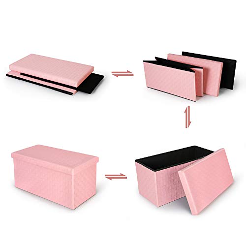 Pinplus Folding Storage Ottoman Toy Chests, 30Inches Pink Faux Leather Large Toy Storage Box With Cover Lid, Upholstered Footrest Seat, Long Shoes Bench For Girls, Bedroom, Living Room, Entryway #TOP6