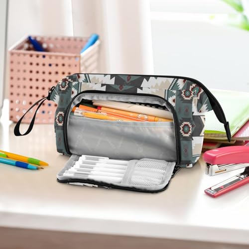 Image of Aztec Navajo Large Capacity Pencil Case Pen Bag Pencil Pouch, Kids Printed Pencil Case with Handle Canvas Zipper Pen Pouch for School Office College Ideal Start Graduation Gifts