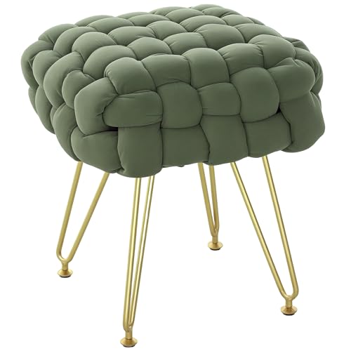 HOMCOM Taburete Cuadrado para pies, otomano Tejido con Patas de Metal, Taburete Acolchado para Maquillaje, Asiento de tocador de Terciopelo para Dormitorio, Color Verde Oscuro