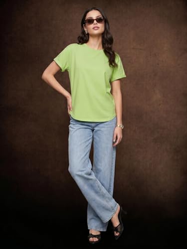 Image of JUNEBERRY Pure 100% Cotton Oversized Loose Fit Drop Shoulder Round Neck Boyfriend Fit Solid Half Sleeves T-Shirt for Women & Girls (Sizes: S to 2XL)