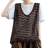 [YAYUPLUS] ベスト 透かし編み ニットベスト レディース 春夏 トップス 無地 重ね着 プルオーバー かぎ クロシェ編み レイヤード カジュアル きれいめ カジュアル おしゃれ (JP, アルファベット, Free Size, コーヒー)