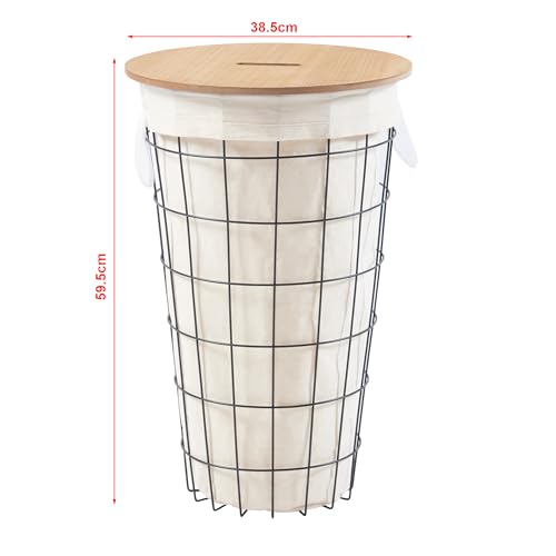 [en.casa] Cesto para la Ropa Sucia Mueble de Baño de Rejilla Cubo para la Colada Capacidad máx. 40 L Metal/MDF/Tela 60 x Ø 39 cm Negro/Madera/Beige - imagen 6