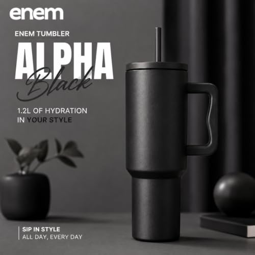 Image of enem Tumbler, Alpha Black, Insulated Premium Vacuum Leak Proof Stainless Steel Travel Mug with Handle, Lid & Straw, 1.2L for Coffee, Iced Tea, or Water
