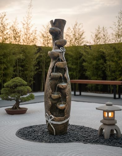 Image of Indoor Outdoor Water Fountain 45 INCH | Tall Vase Style 7-Tier Cascading Waterfall Fountain with LED Lights & Water Pump for Home, Garden & Office Decor