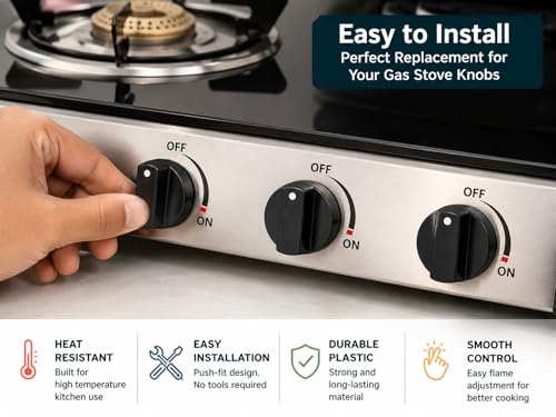 Image of Gas Stove Control Knob (Pack of 3) | LPG Gas Chulha Replacement Knobs | Push Fit Cooktop Knobs | Heat Resistant Plastic | Black