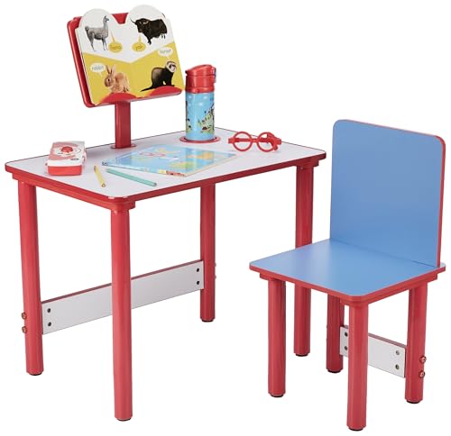 Image of Amazon Brand - Solimo Kids Study Table and Chair Set with Built-in Reading Stand & Cup Holder | Wooden Legs | Red