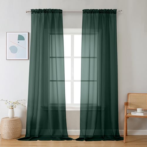 Image of Chyhomenyc Hunter Green Sheer Curtains 96 inches Long 2 Panels, Light Filtering Soft Airy Solid Elegant Voile Window Treatment Drapes for Bedroom Living Room Wedding Party Decor, 42 Wx96 L, 8FT L