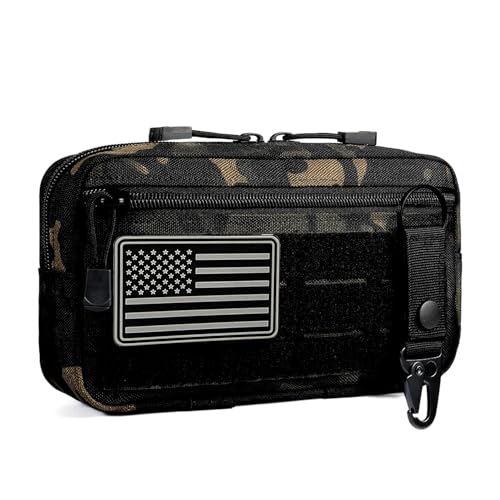 Bolsa tática MOLLE Admin – Bolsa de ferramentas EDC cortada a laser, organizador modular horizontal com emblema da bandeira americana e chaveiro (preto CP)