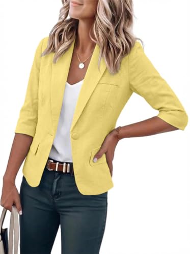 IDEALSANXUN Blazer Court en Lin pour Femme 2024 décontracté à Manches 3/4 léger pour Printemps et été, Jaune, Medium