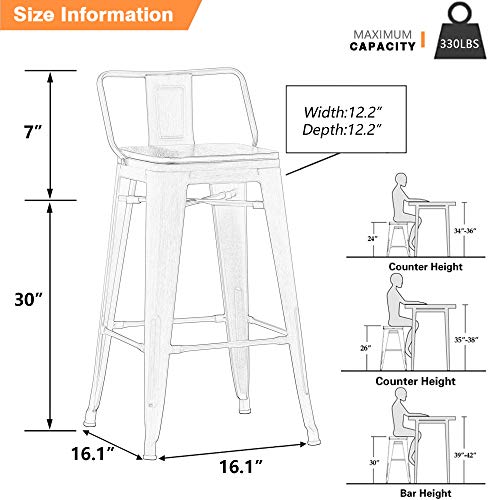 Image of Yongchuang 30 inch Bar Stools Set of 4 Bar Height Metal Barstools with Wood Seat Low Back Kitchen Bar Chairs Matte Black