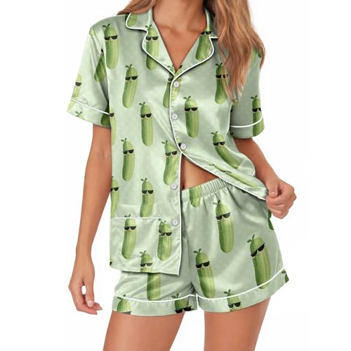 CENCORY Women Satin Pajamas Set Short Sleeve Button Down Pickle Lover Foodie Funny Gift Pickle Medium