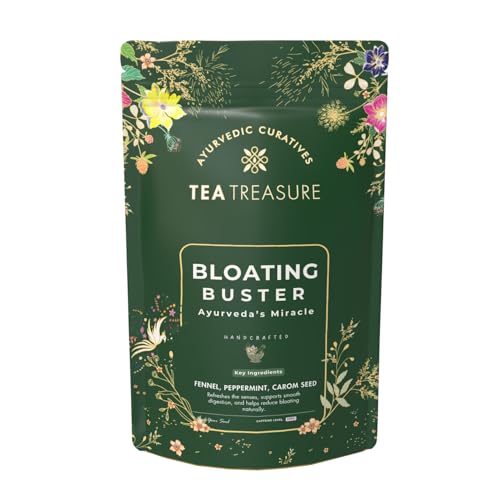 Image of Tea Treasure Bloating Buster Ayurveda's Miracle Tea | Supports Digestion, Reduces Bloating, Gas, Acidity & Burping | Fennel, Ginger, Ajwain, Peppermint & Black Salt | Feel Light After Every Meal | Caffeine Free Herbal Tea - 100g