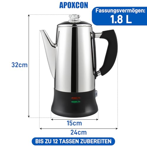 APOXCON 12-Tassen Elektro-Perkolator – CE-Zertifizierter Klassiker mit Schnellbrüh-System, Hitzebeständigem Glasknopf & Kabelloser Servierfunktion