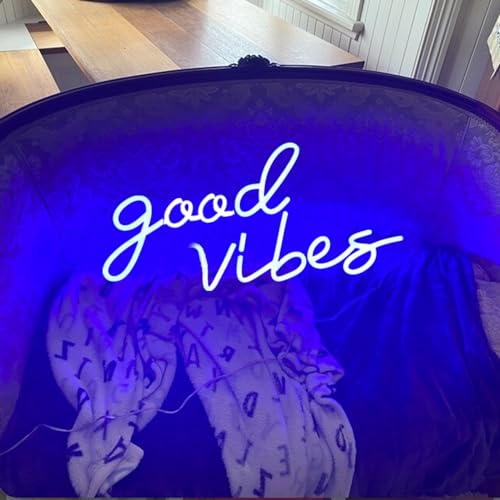 Image of Large Blue Neon Good Vibes Signs LED Dimmable USB Powered Cood Vibes Banner Decorative Night Lights Neon Lamps for Bedroom Living Room Apartment Bar Wedding Party Wall Background Decor Art, 16.5x8IN