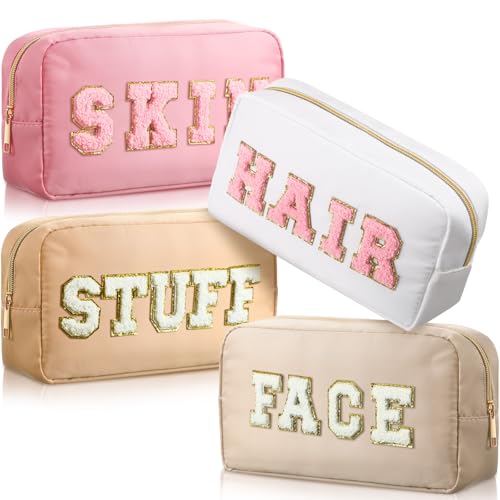 Remerry 4 PCS Nylon Cosmetic Bags Waterproof Spacious Travel Makeup Organizer for Women Chenille Letter Preppy Zipper Pouch Face Stuff Skin Hair Organizer Gift(Light Brown, Beige, Light Pink, White)
