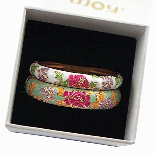 UJOY Cloisonne Couple Colors Bracelets Golden Sunflower Enameled Spring Hinged Cuff Bangles Girls Womens Gifts Jewelry 55C48 green white - Image 6
