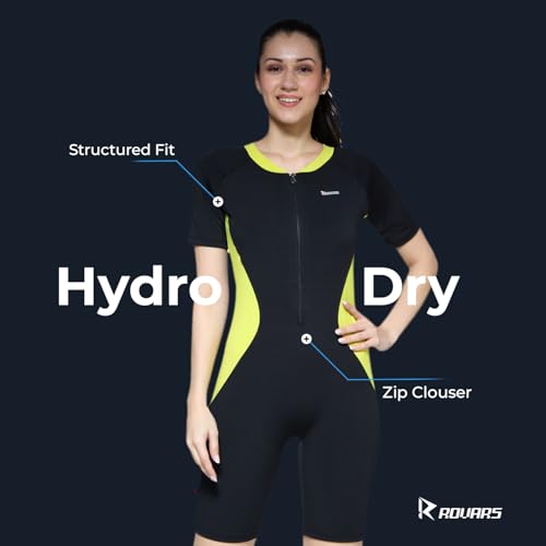 Image of ROVARS Swimming Suit for Women One Piece Swim Suit Set Knee Length Swimming Costume Stretchable Swimwear Ladies Swimsuit Flexible Fit Swim Dress Black Lemon