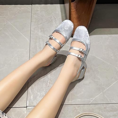 Women's Mary Jane Square Closed Toe Low Block Heel Pumps Satin Embroidered Slingback Chunky Heels Office Dressy Shoes4