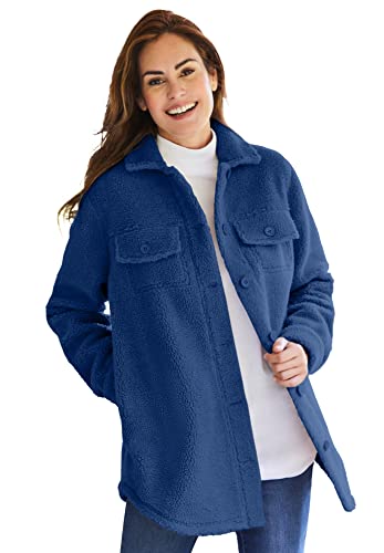 Woman Within Plus Size Berber Shirt Jacket Long Oversized Fuzzy Fleece Shacket