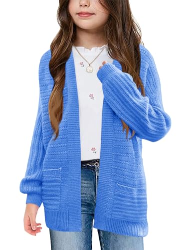 Image of Haloumoning Kids Girls Open Front Cardigan Sweaters Long Sleeve Cable Knit Fashion Clothes with Pockets 5-14 Years