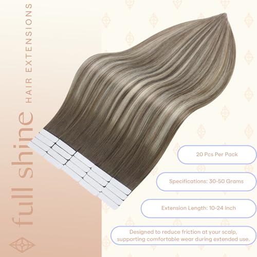 Image of Full Shine Tape in Hair Extensions, Mushroom Ash Blonde Ombre 18 Inch | 50g 20PCS, Straight Invisible Hair Extensions Tape in, Double Sided Remy Finish Secure Wear Smooth Daily Styling
