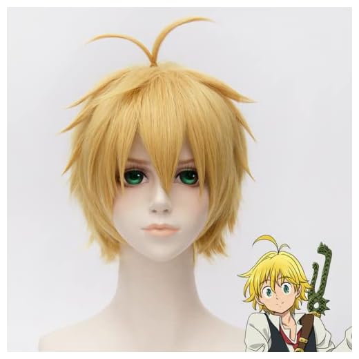 Anime-cosplay de sju dödssynderna meliodas peruker, blont kort hår med perukmössa, för halloween, fest, karneval, nattliv