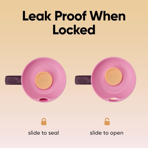 Image of Owala SmoothSip Slider Stainless Steel Insulated Travel Mug, 100% Leak Proof, For Hot and Cold Drinks, Travel Friendly with Sliding Lock Lid, 12oz, BPA Free, Leak Proof, Pink /Tan (Daybreak)
