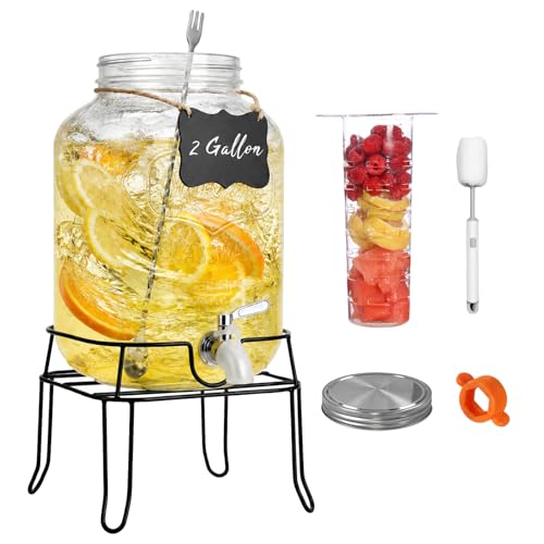Image of 2 Gallon Glass Drink Dispensers For Parties,Beverage Dispenser with Stand,304 Stainless Steel Spigot Leakproof,Silicone Spigot Cover,Lemonade Dispenser for Sun Tea, Homemade Juice