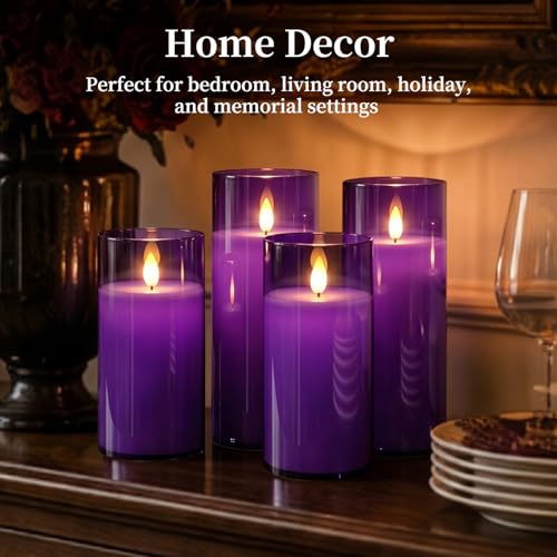 Image of Homemory Purple Flickering Flameless Candles, Battery Operated Acrylic LED Pillar Candles with Remote Control and Timer, Purple Decor, Set of 9