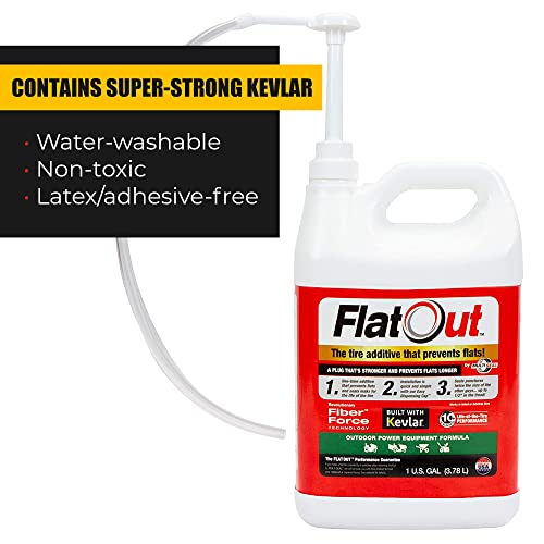 Flatout Tire Sealant Outdoor Power Equipment Formula - With Valve Core Tool - Prevent Flat Tires, Seal Leaks, Contains Kevlar, 1 Gallon #TOP2