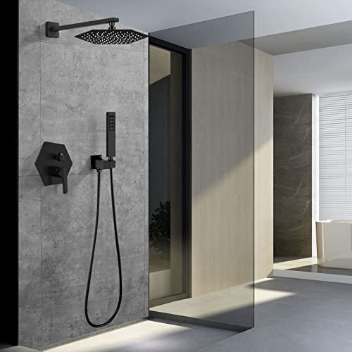 Matte Black Shower System with 10 Inch High Pressure Rain Shower Head and Handheld Shower Head, Bathroom Mixer Shower Set, Wall Mounted Shower Faucet Rough-in Valve and Trim Kit