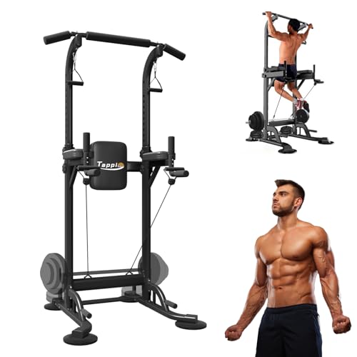 Tappio Power Tower - Barra de dominadas para gimnasio en casa, estación de inmersión multifunción con gancho para barra y soporte para mancuernas, estación de entrenamiento de altura ajustable, equipo
